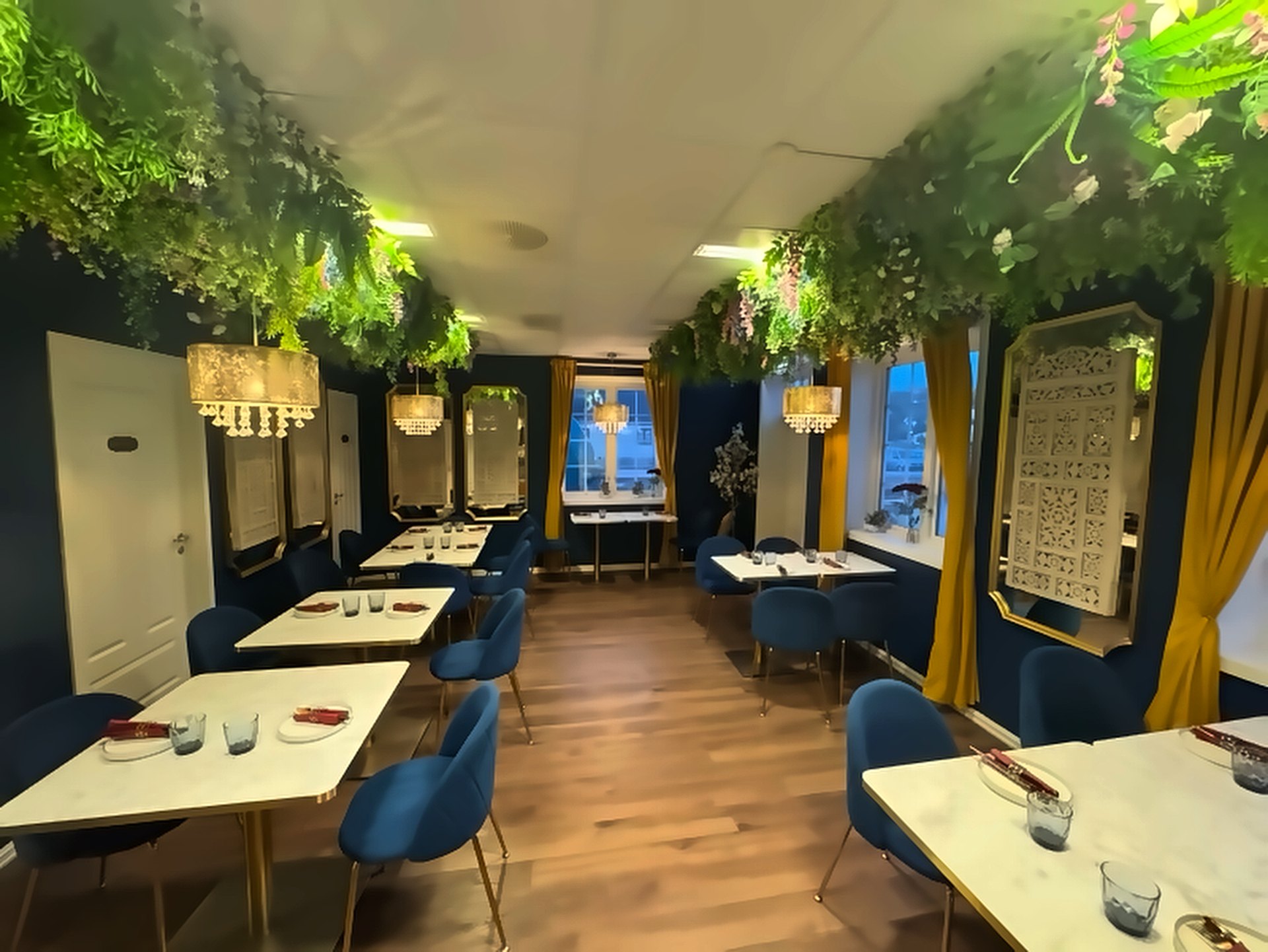 Spisesalen hos Taj India i Kongsberg med mørkeblå vegger, marmorbord og grønne planter i taket